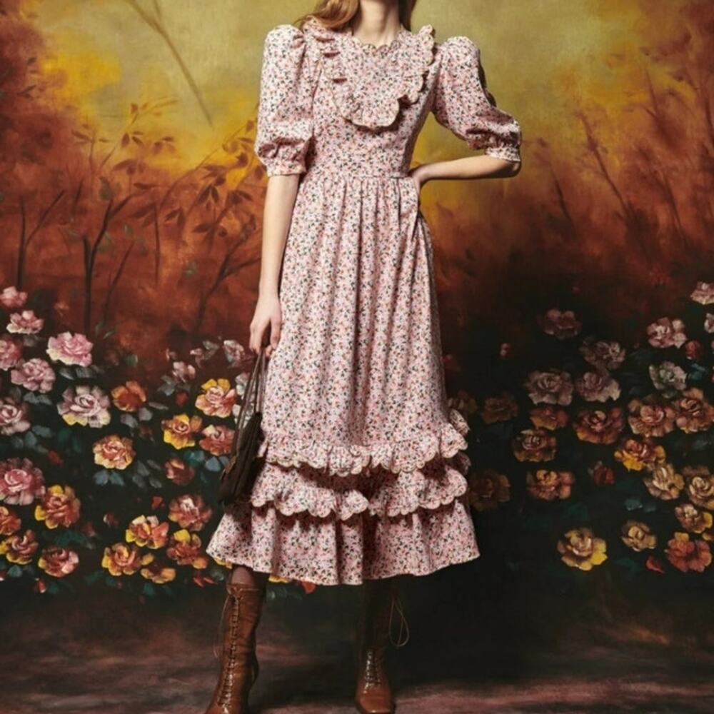 CeliaB Floral Print Scalloped Cottagecore Prairie Midi Dress Size XS‎